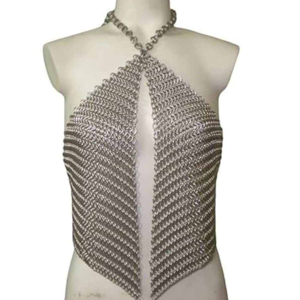 Silver metallic Top festival rave halter chain mail festival rave renaissance